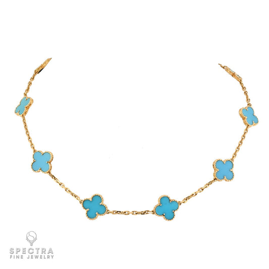 Van Cleef & Arpels 10-Motif Turquoise Alhambra Necklace in 18k Yellow Gold