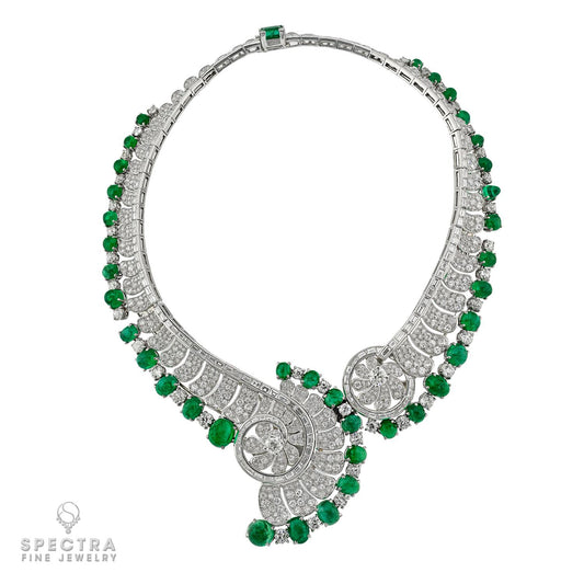 1950 French Emerald Cabochon Convertible Necklace | Diamonds