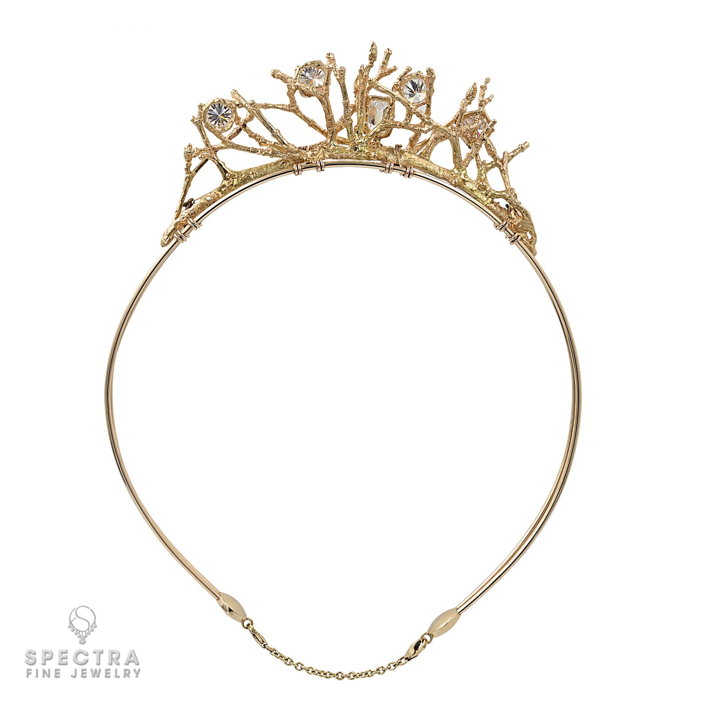 Gold Tiara with Emerald-Cut and Brilliant Diamonds | Twig Design Elegance