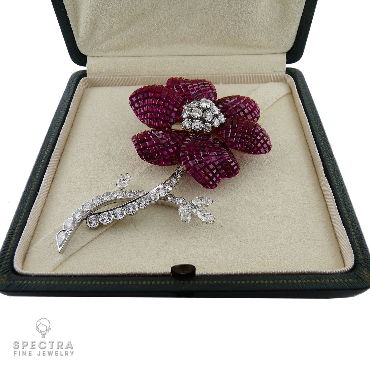 Aletto Brothers Invisibly Set Ruby Diamond Platinum Flower Convertible Brooch