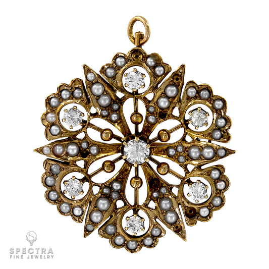 Victorian Diamond & Pearl Gold Starburst Pin/Pendant: Exquisite 18K Yellow Gold Jewelry