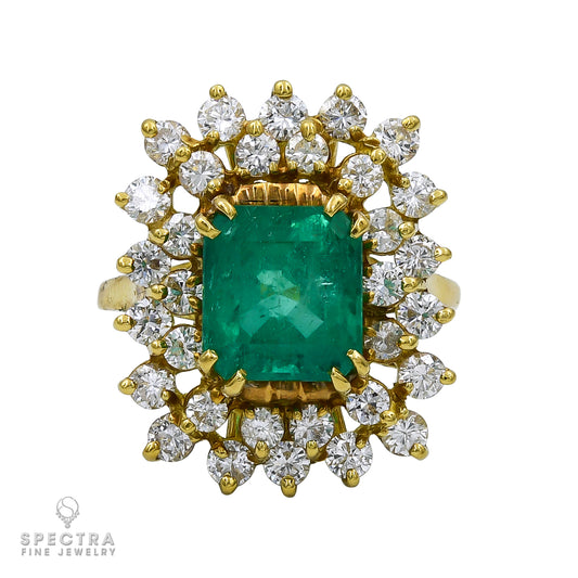 18kt Yellow Gold Ring with 5.00ct Emerald and Two-Tiers of Diamonds