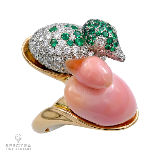 The Enchanting Conch Pearl Diamond Emerald 'Mandarin Ducks' Ring