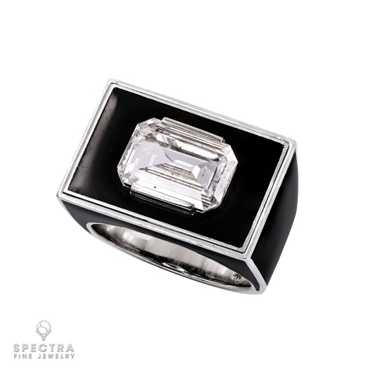 GIA Certified 2.05 Carat Emerald Cut Diamond Ring with Stylish Black Enamel