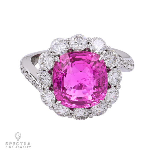 Spectra Fine Jewelry 7.08ct Unheated Cushion Pink Sapphire Ring with Diamonds