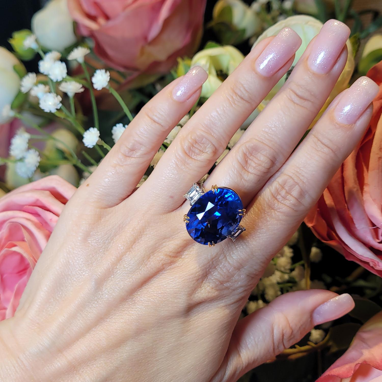 37.84 ct. Oval Ceylon No Heat Sapphire Diamond Ring