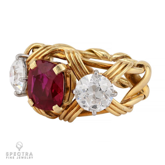 Tiffany & Co. Schlumberger 2.35ct Burma Ruby & Diamond Ring, 18k Yellow Gold