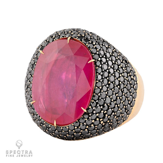 Ruby and Pave Black Diamond Ring in 18K Gold, 12.00 Carats