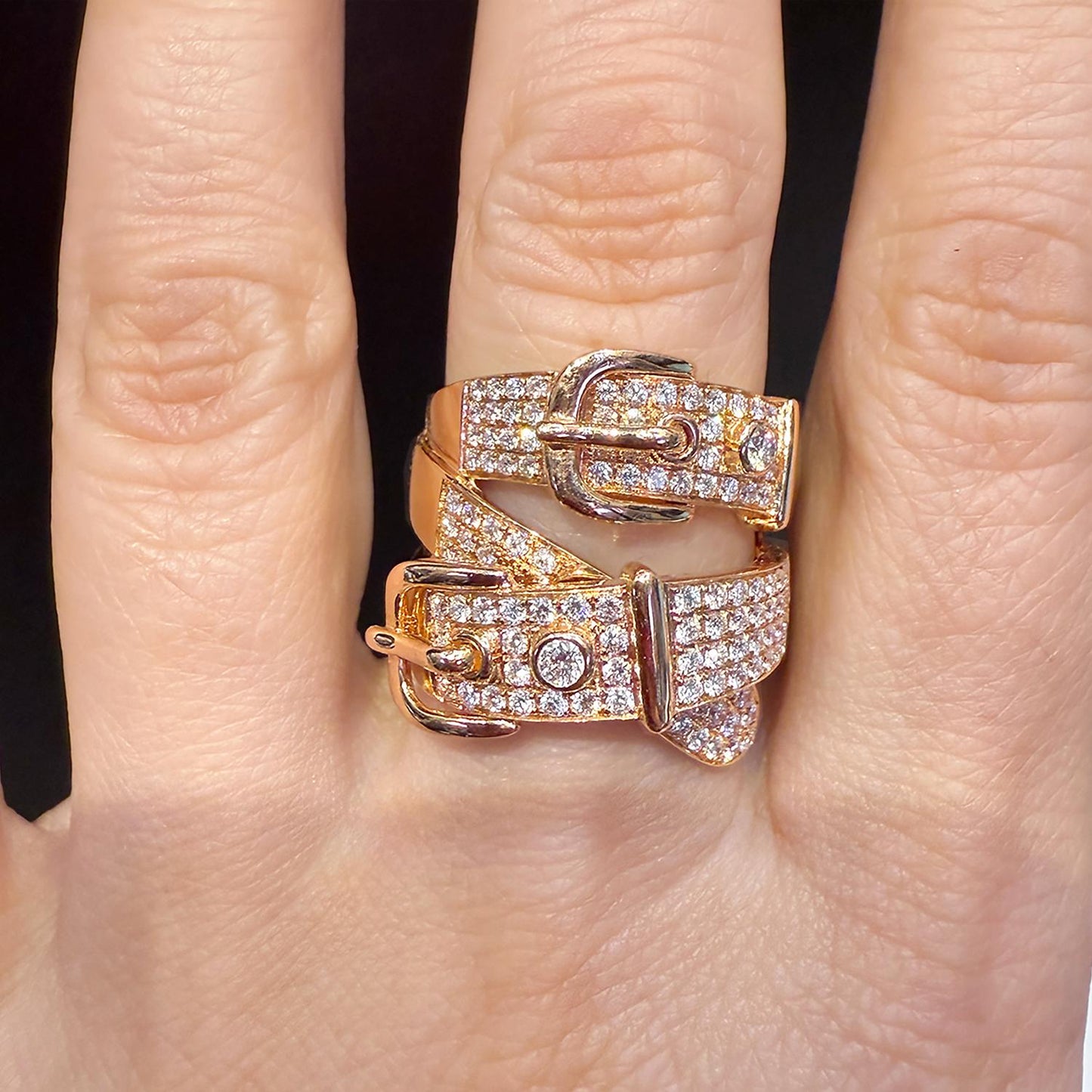 18K Rose Gold Diamond Double Buckle Ring 3.0 ct, Size 6.5
