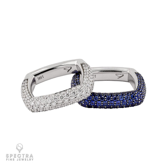 Diamond & Sapphire Square Ring Set, 18K White Gold