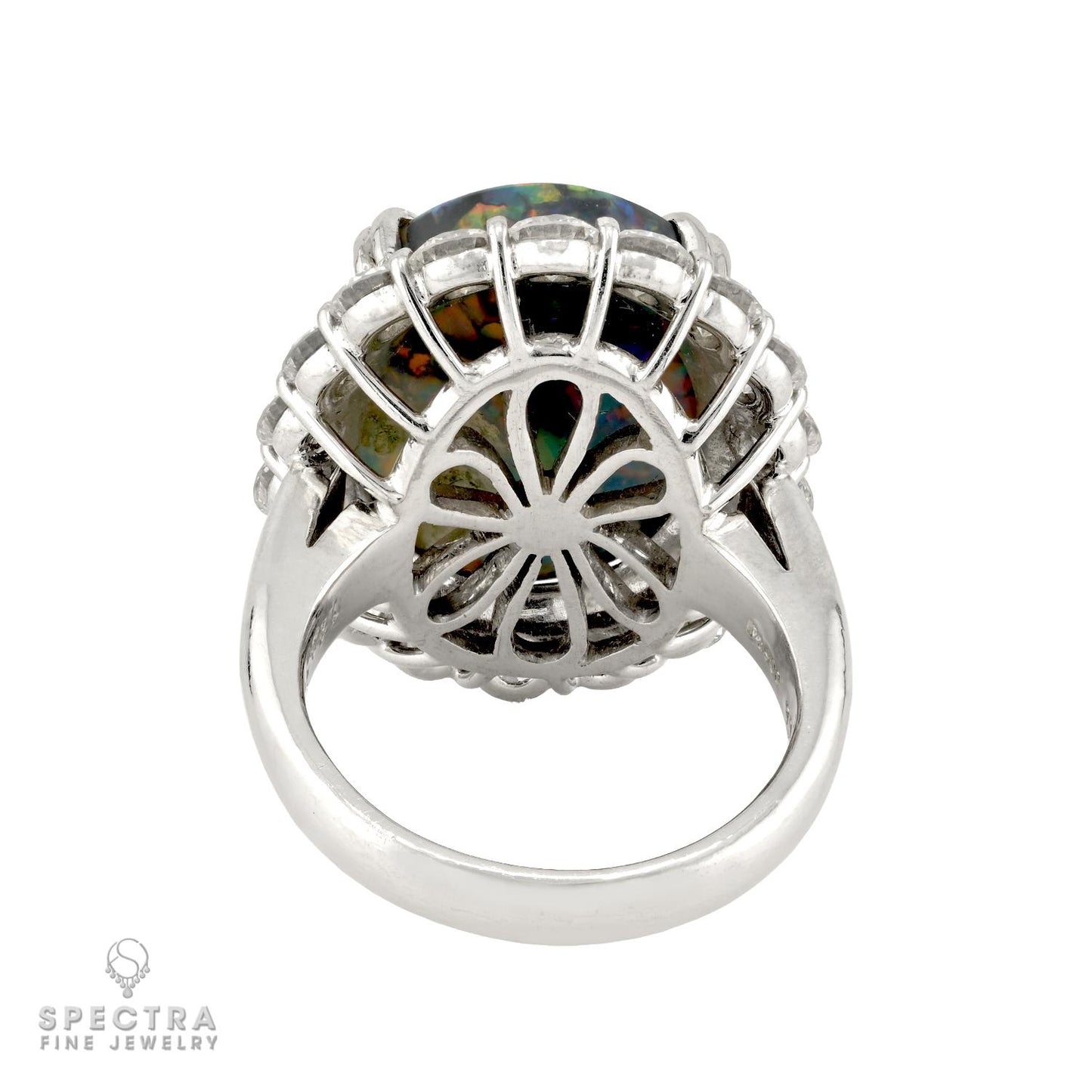 12.35ct Black Opal & 3.08ct Diamond Halo Ring in Platinum