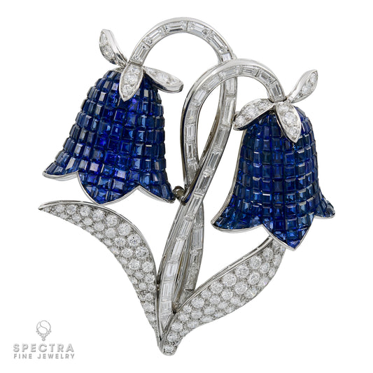 Vintage French Diamond, Sapphire & Ruby Flower Brooch Pair