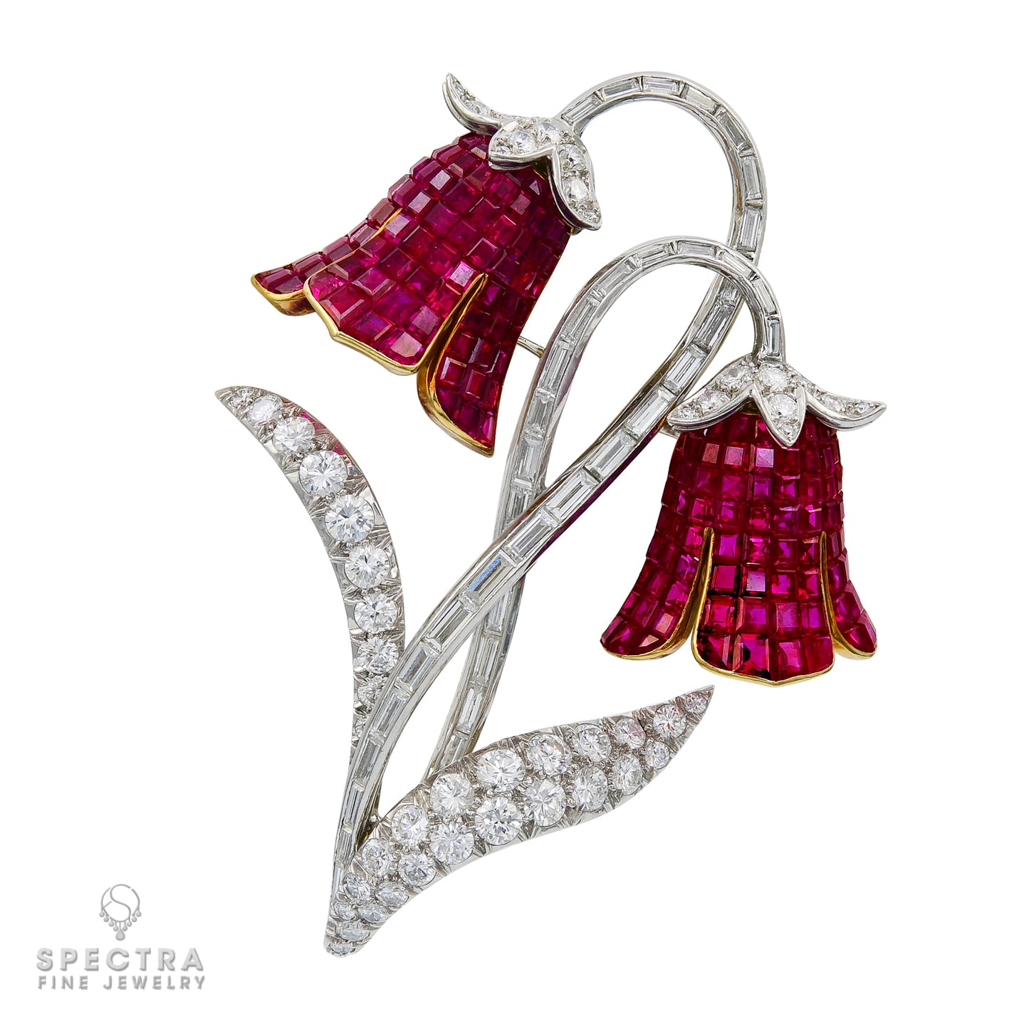 Vintage French Diamond, Sapphire & Ruby Flower Brooch Pair
