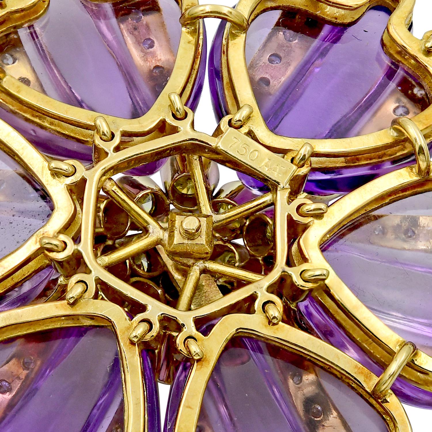 Amethyst and Diamond Flower Pendant and Earrings Set in 18k Yellow Gold