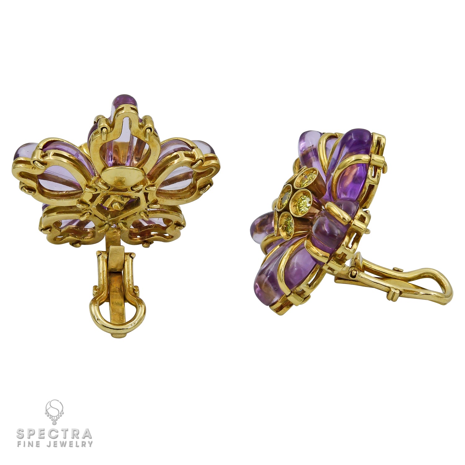 Exquisite Amethyst and Diamond Flower Pendant and Earrings Set in 18k Yellow Gold