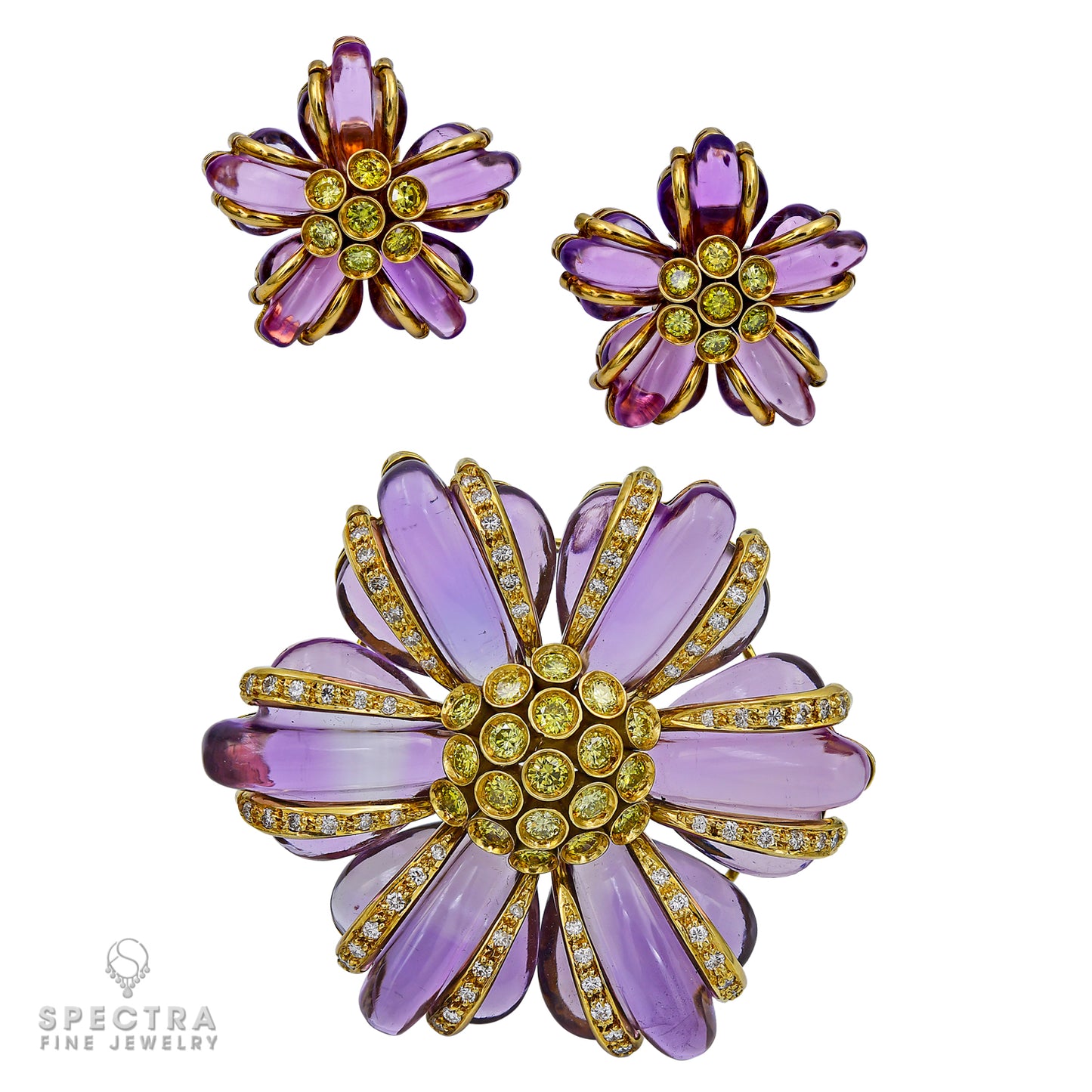Exquisite Amethyst and Diamond Flower Pendant and Earrings Set in 18k Yellow Gold