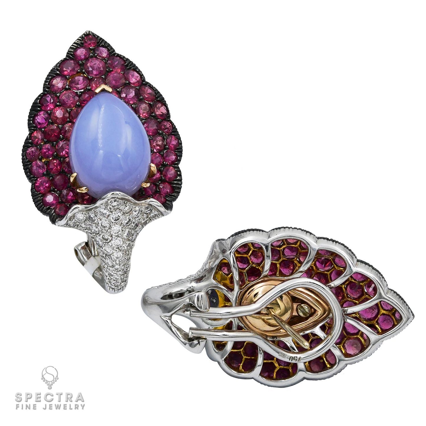 Chalcedony Pink Sapphire Jewelry Set: Brooch and Ear Clips in 18k Oxidized Gold