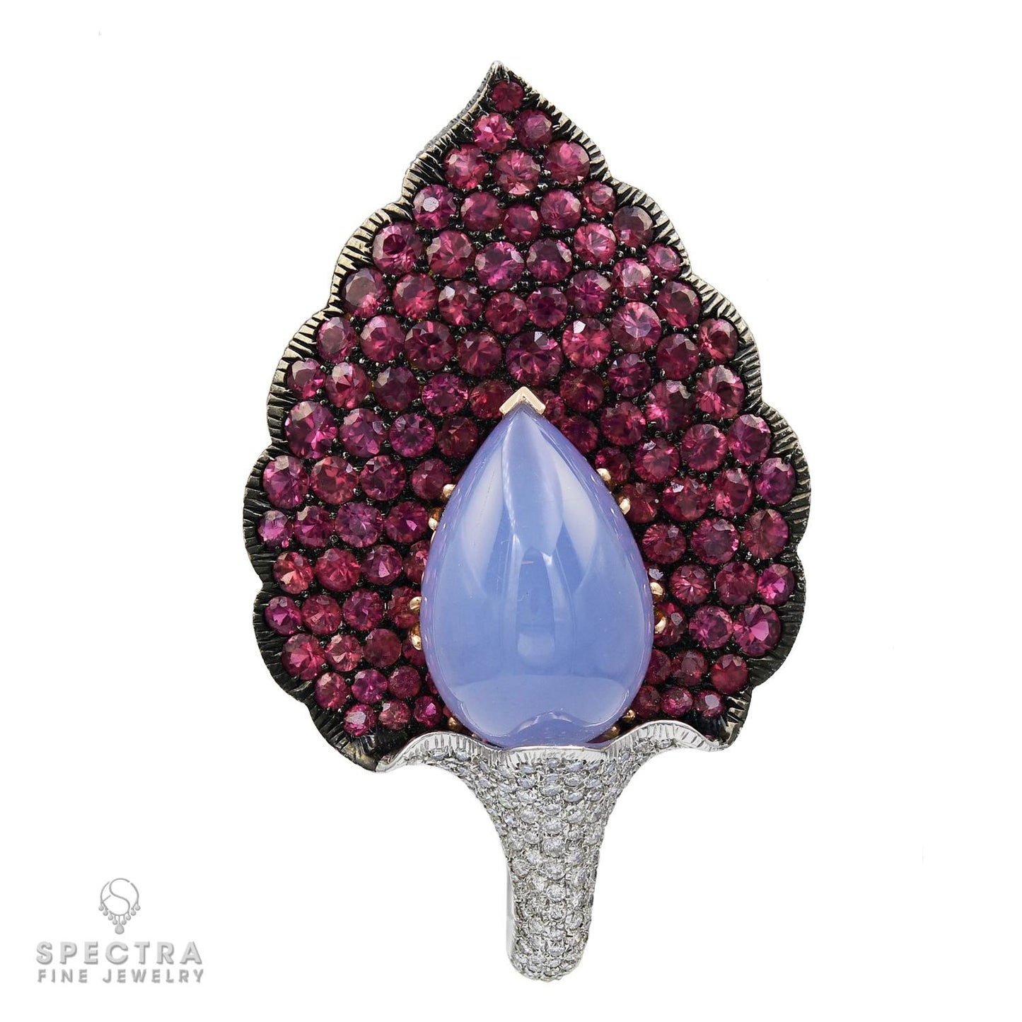 Chalcedony Pink Sapphire Jewelry Set: Brooch and Ear Clips in 18k Oxidized Gold