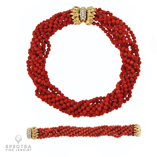 Cartier Twisted Coral Diamond Necklace & Bracelet Set