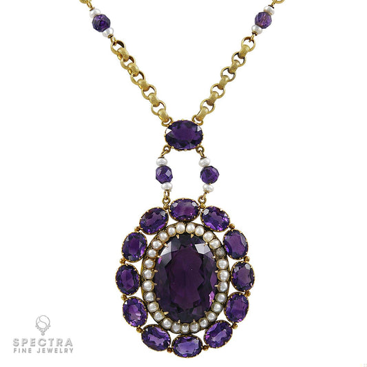 Siberian Amethyst & Pearl Victorian Revival Lavalier Necklace