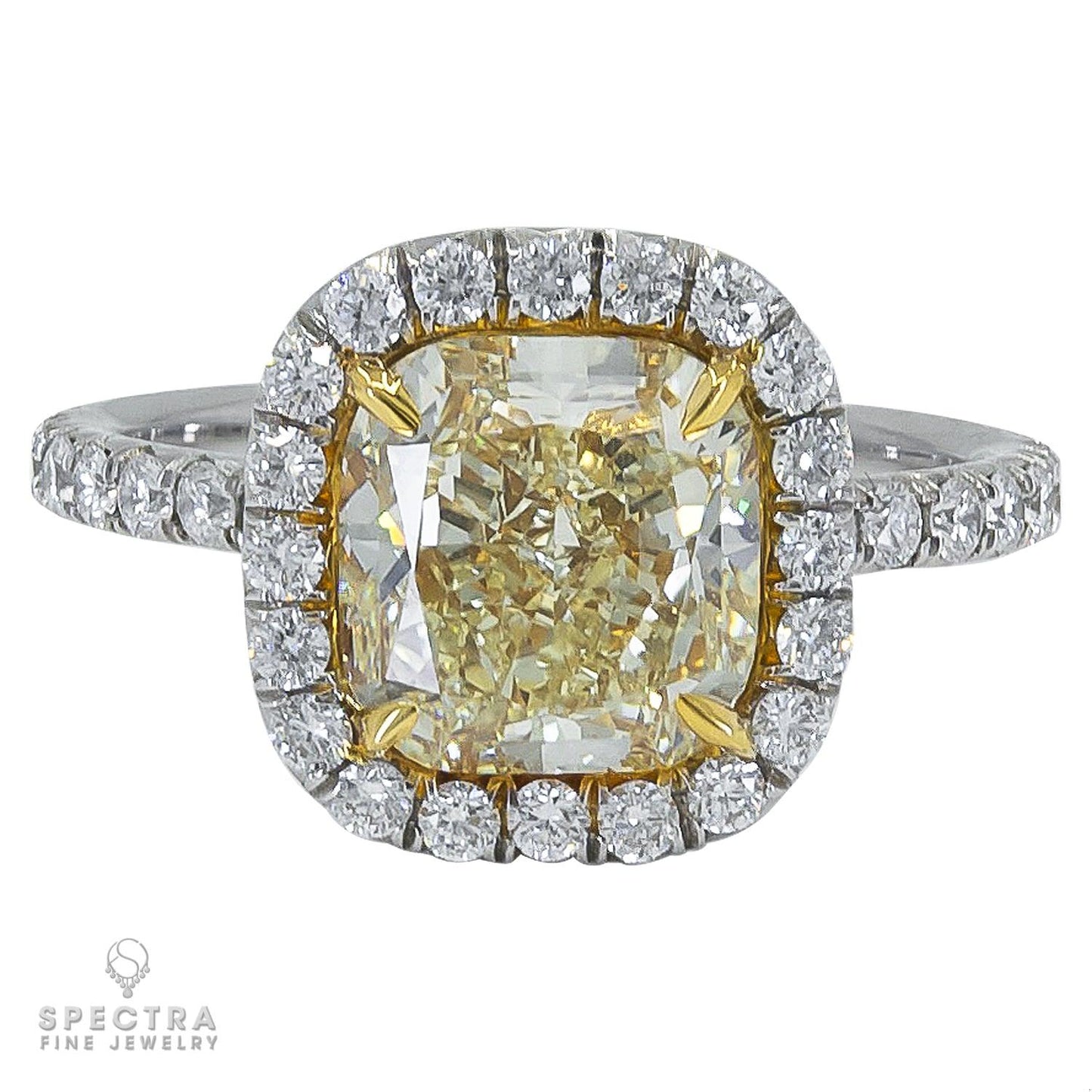 Spectra Fine Jewelry 18K Gold Ring with Cushion Cut Yellow Diamond and Brilliant