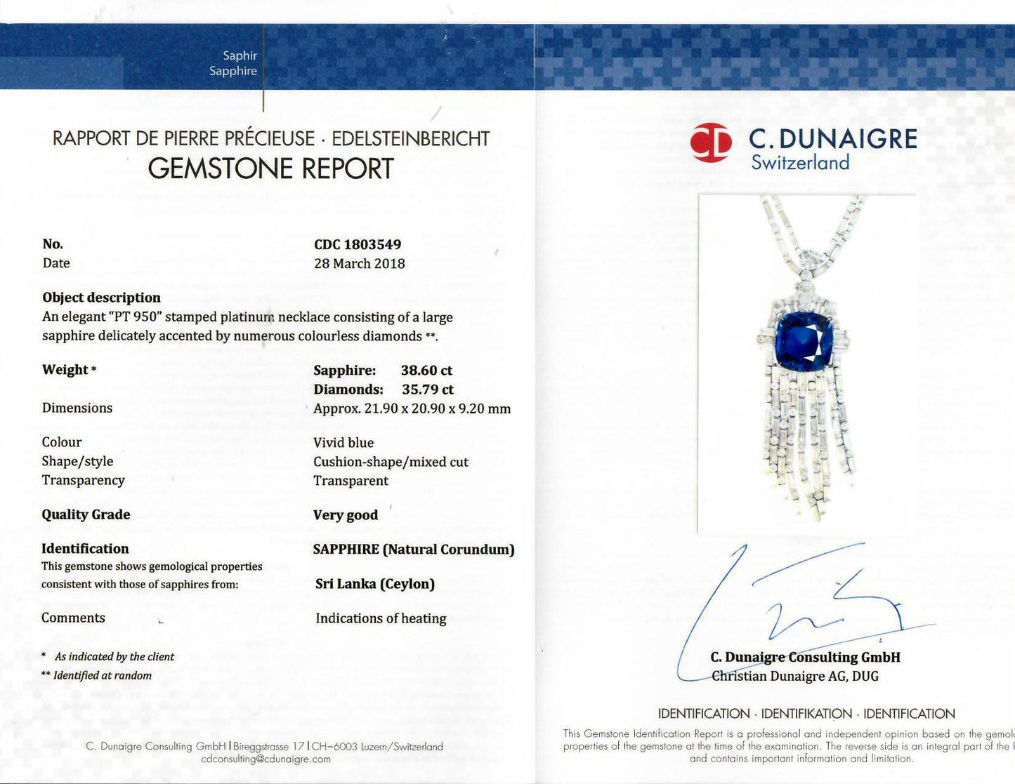 Spectra Fine Jewelry 38.60 Carat Ceylon Sapphire Diamond Platinum Necklace