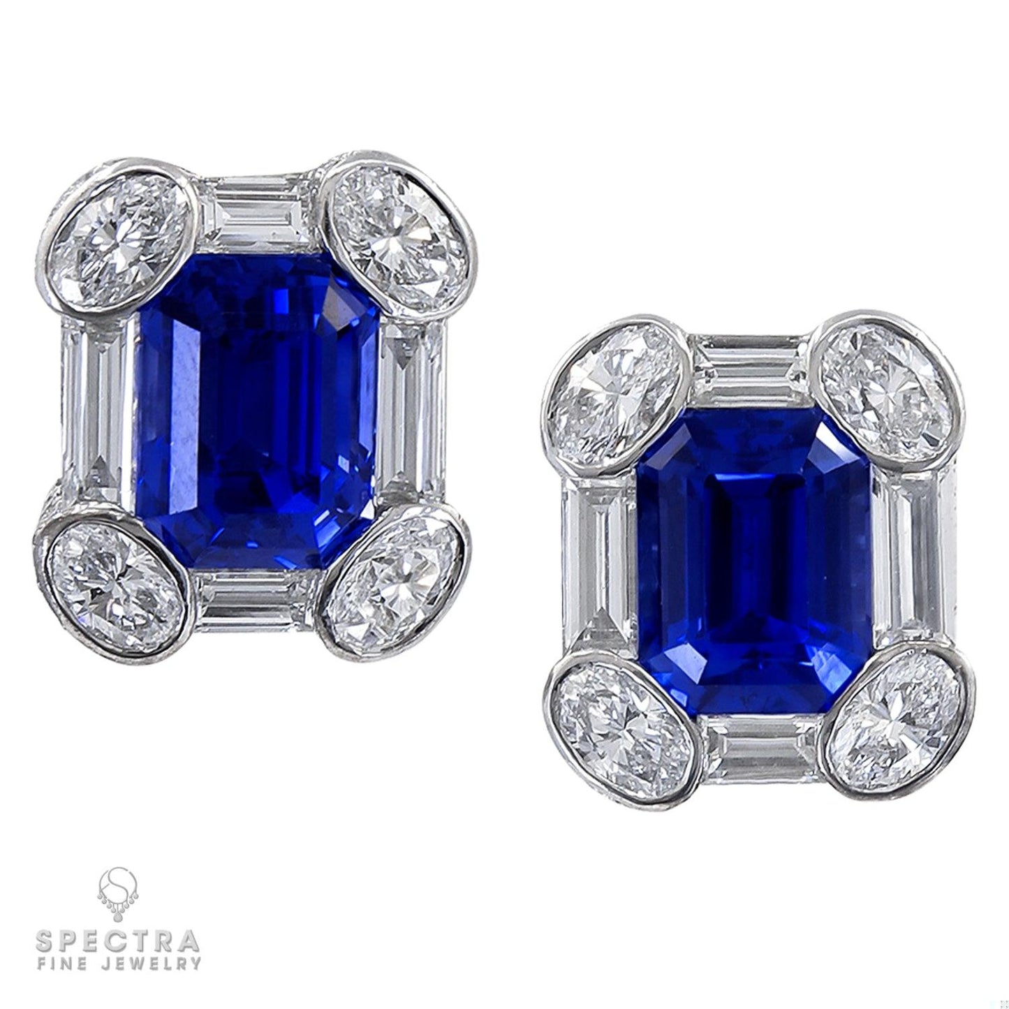 14.40 cts. Sapphire Diamond Halo Platinum Stud Earrings | Spectra Fine Jewelry