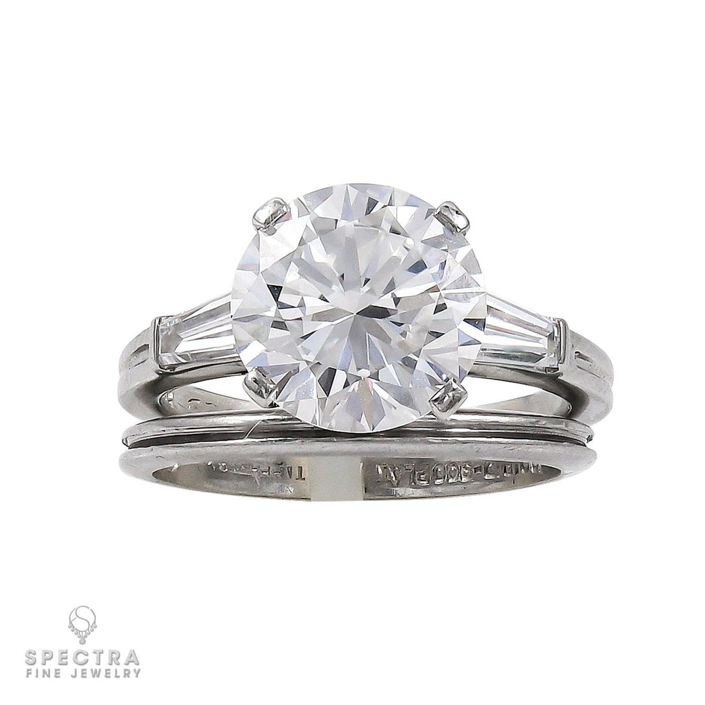 The Tiffany Three Stone Engagement Ring with Baguette Side Stones and Wedding Ba