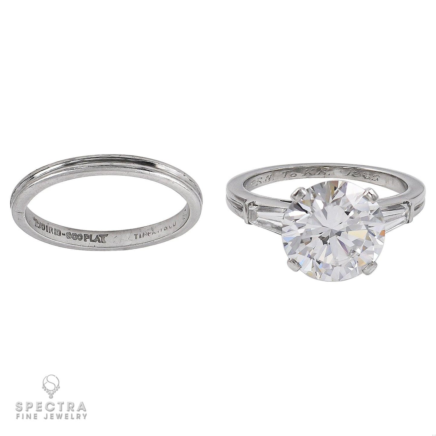The Tiffany Three Stone Engagement Ring with Baguette Side Stones and Wedding Ba
