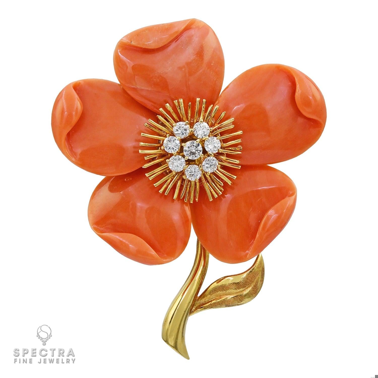 Van Cleef & Arpels Clematis Mid-Century Coral Diamond Brooch