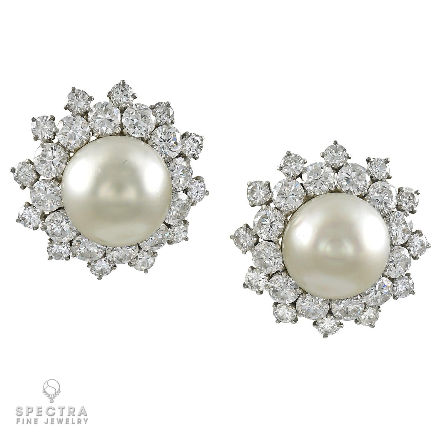 Van Cleef & Arpels Vintage Pearl Diamond Halo Button Earrings