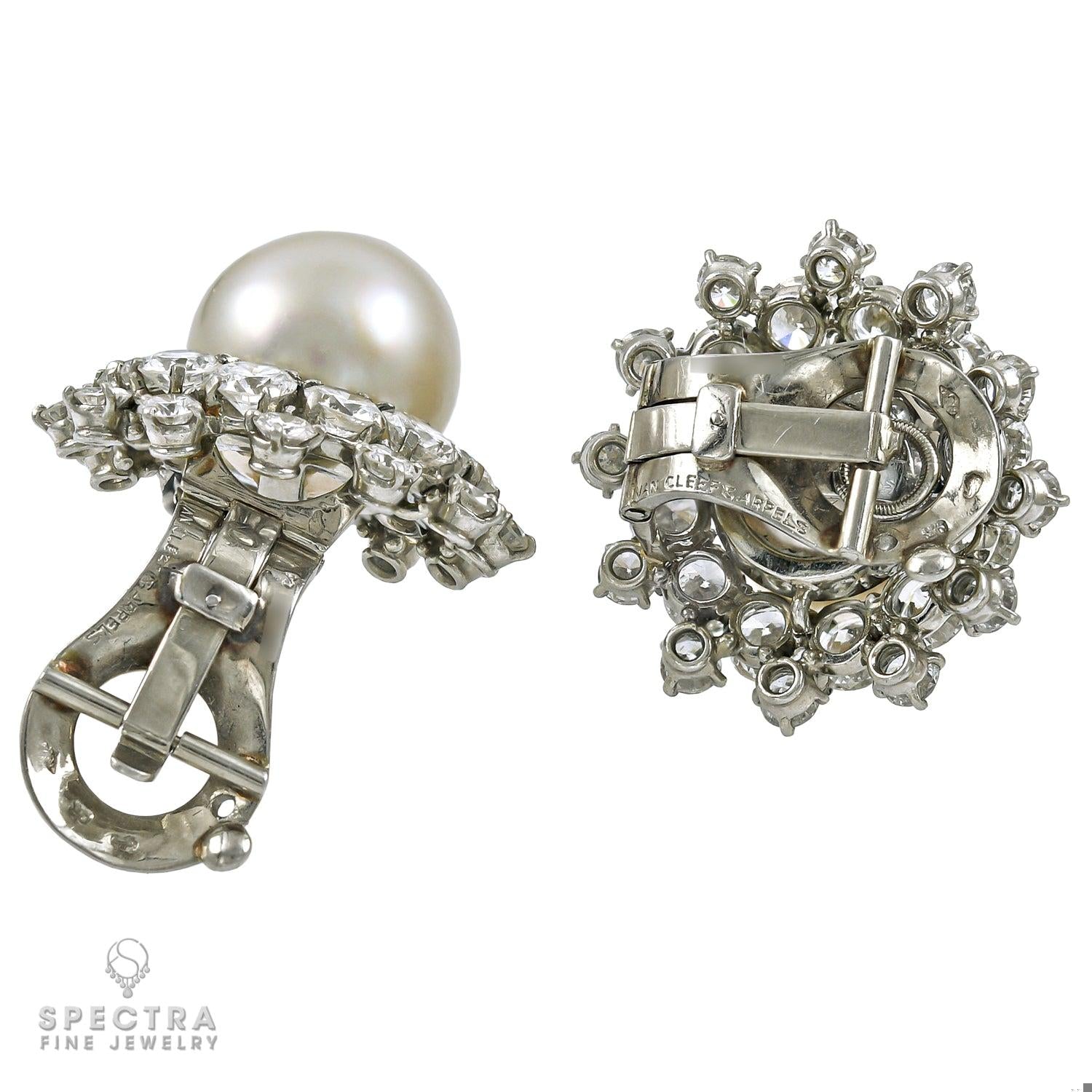 Van Cleef & Arpels Vintage Pearl Diamond Halo Button Earrings