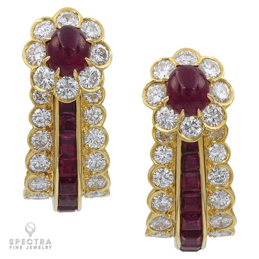 Van Cleef & Arpels Vintage Ruby Diamond Halo Button Drop Earrings