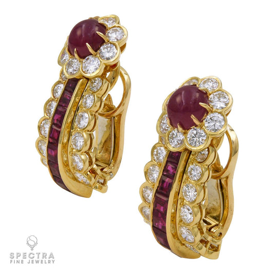 Van Cleef & Arpels Vintage Ruby Diamond Halo Button Drop Earrings