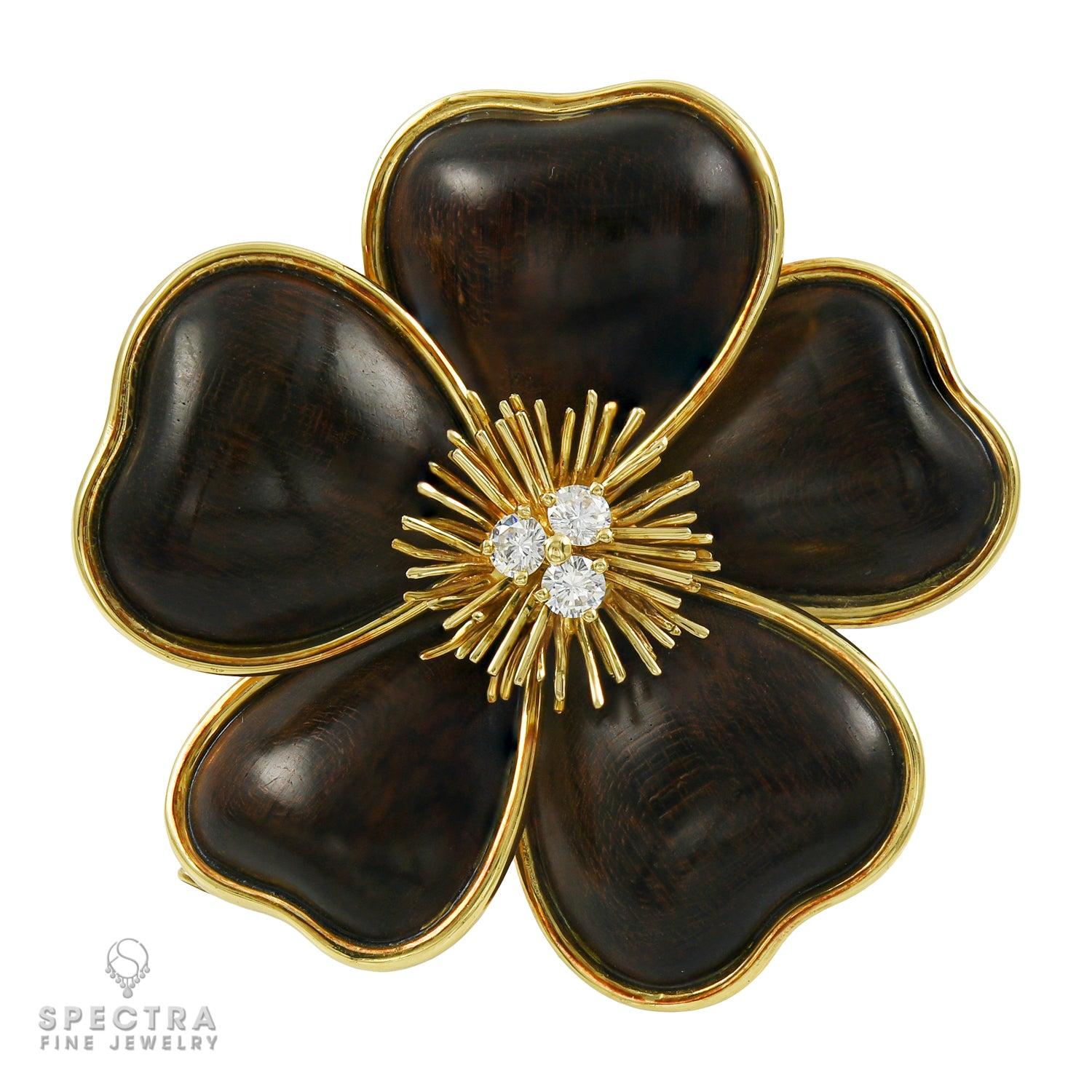 Van Cleef & Arpels Wood Diamond Rose de Noel Flower Brooch