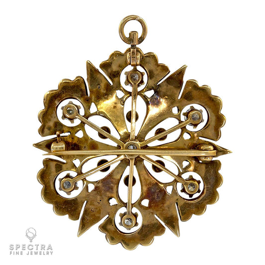 Victorian Diamond & Pearl Gold Starburst Pin/Pendant: Exquisite 18K Yellow Gold