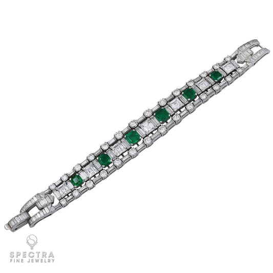Vintage Mid-Century Colombian Emerald & Diamond Bracelet in 18K Gold – Estate Jewelry