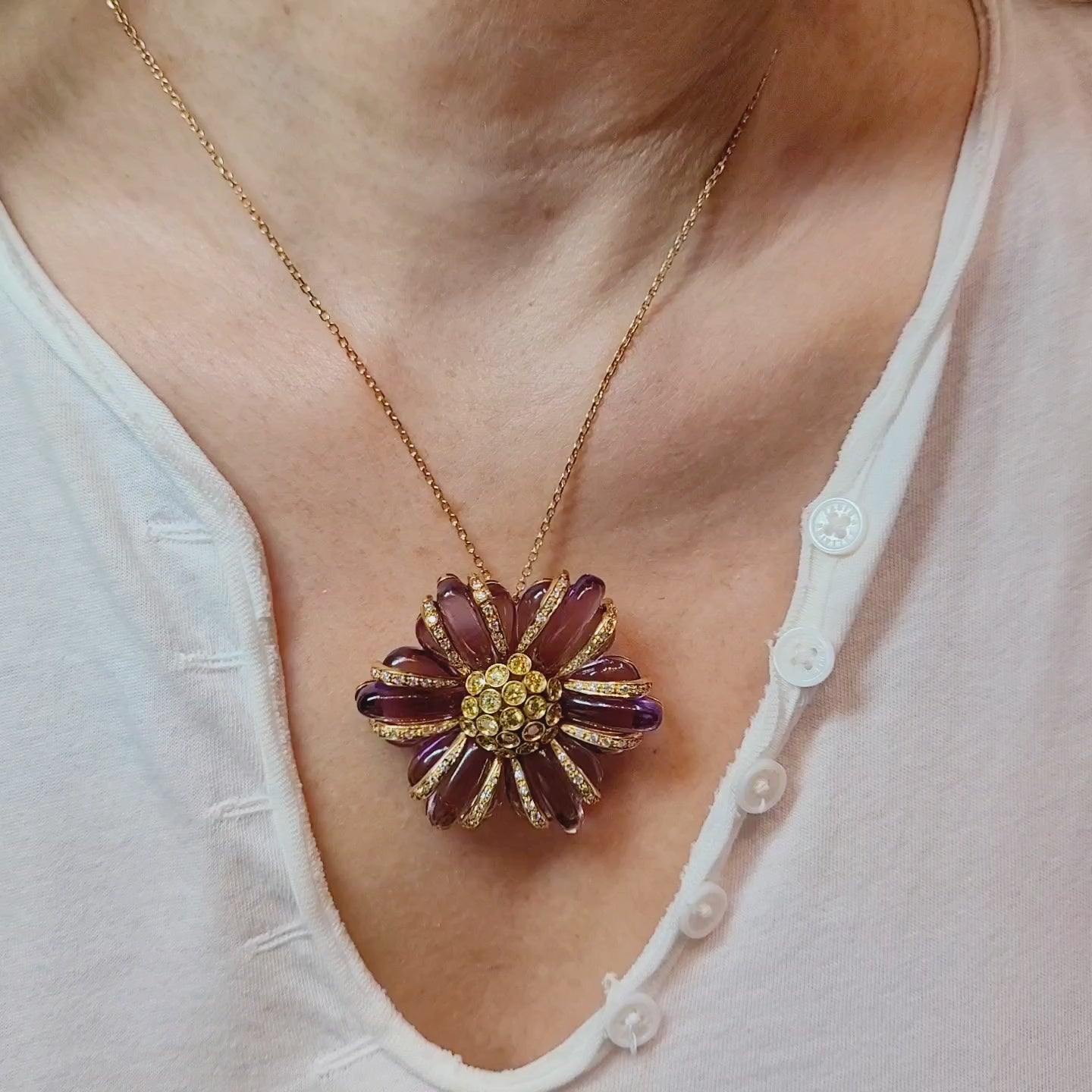 Amethyst and Diamond Flower Pendant and Earrings Set in 18k Yellow Gold