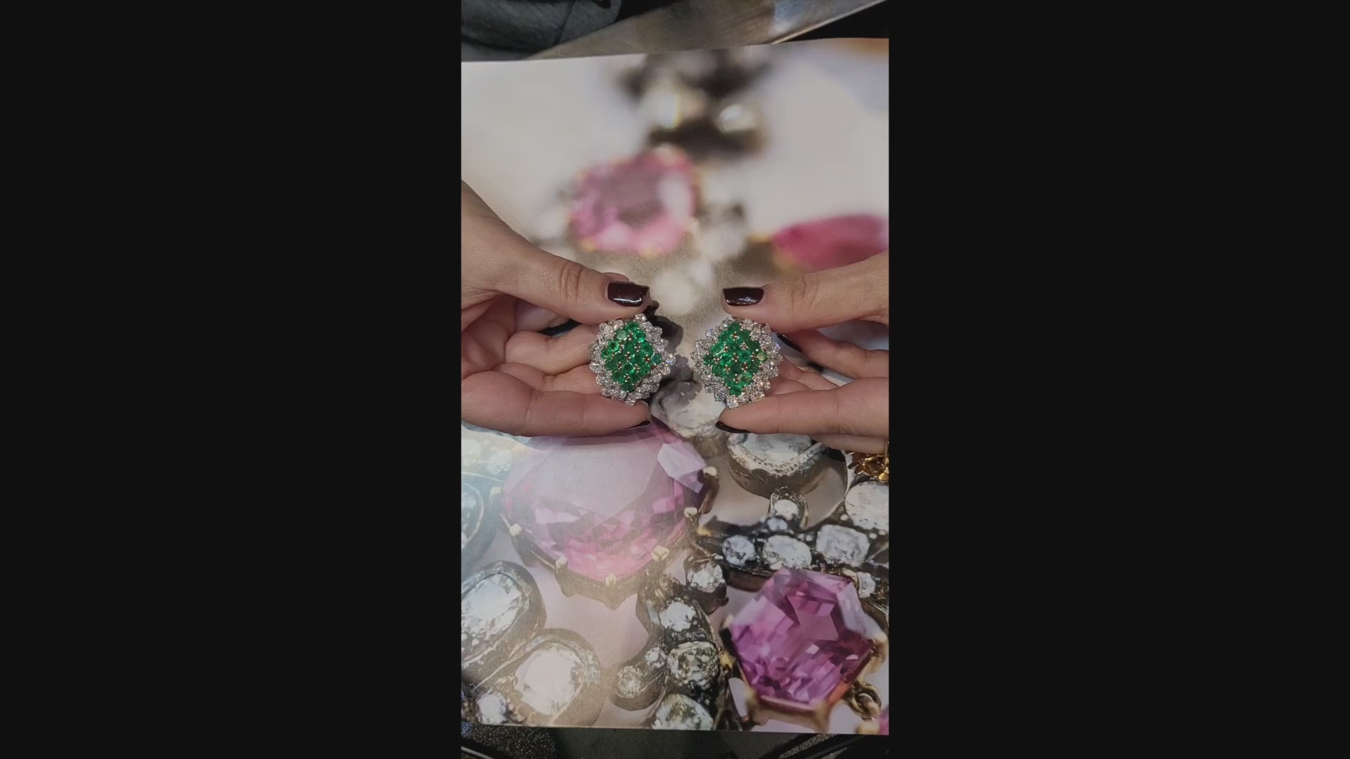 Vintage Signed Cartier Emerald Diamond Halo Cluster Button Earrings