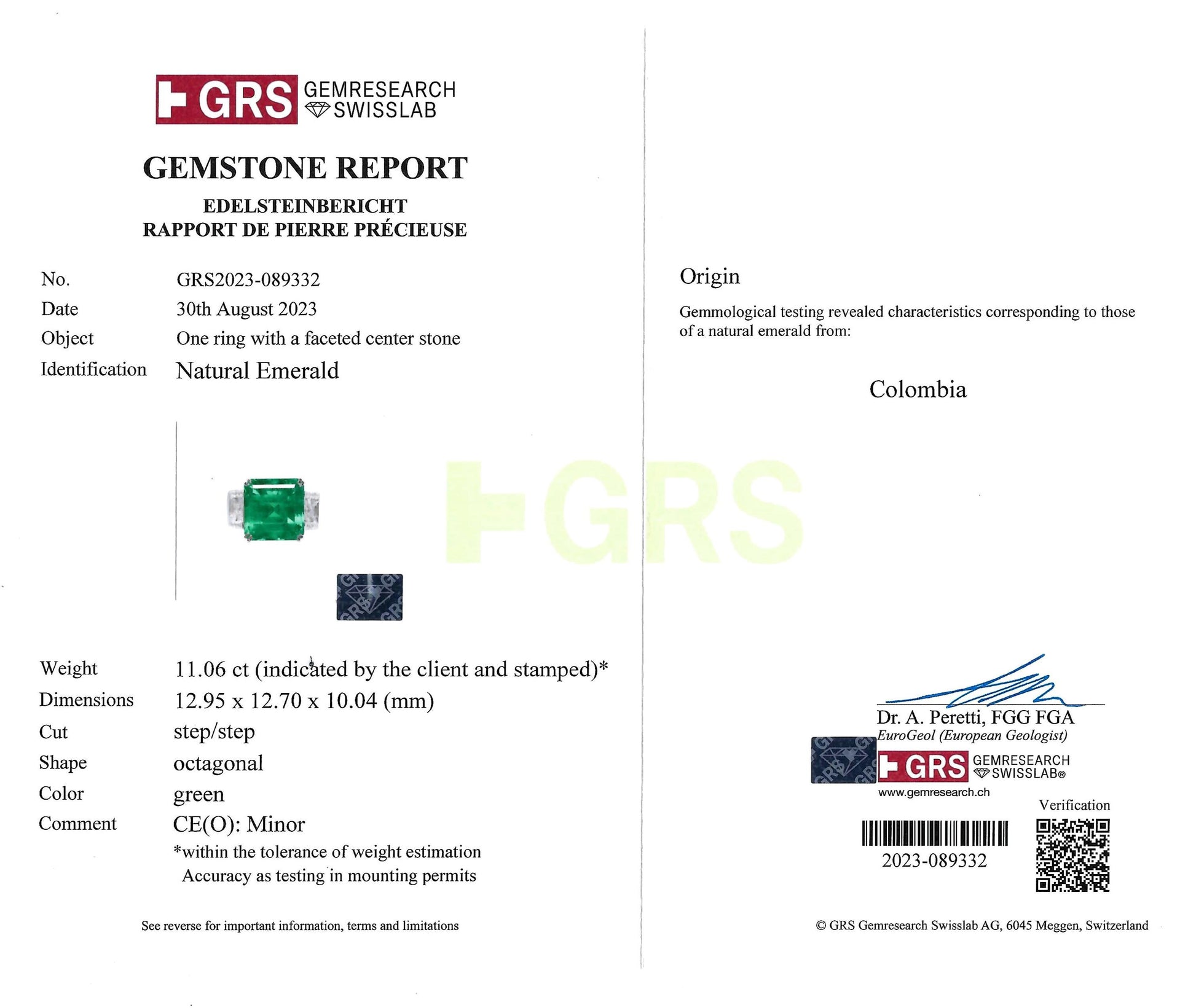 11.06 ct. Certified Colombian Emerald & Diamond Platinum Ring