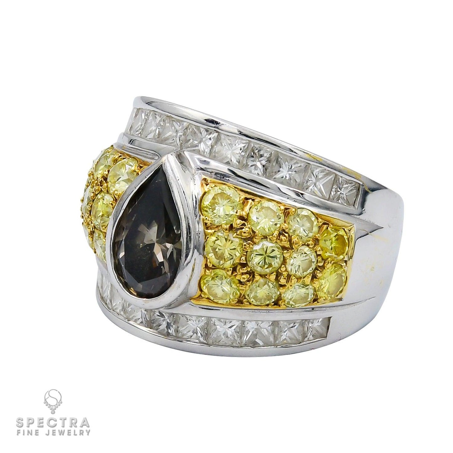 1.80ct Greenish Gray Pear Shaped and 2.10cts Fancy Vivid Yellow Diamond Ring