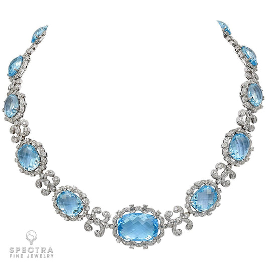 18kt White Gold Blue Topaz and Diamond Graduated Necklace