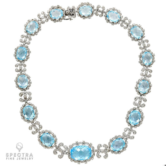 18kt White Gold Blue Topaz and Diamond Graduated Necklace