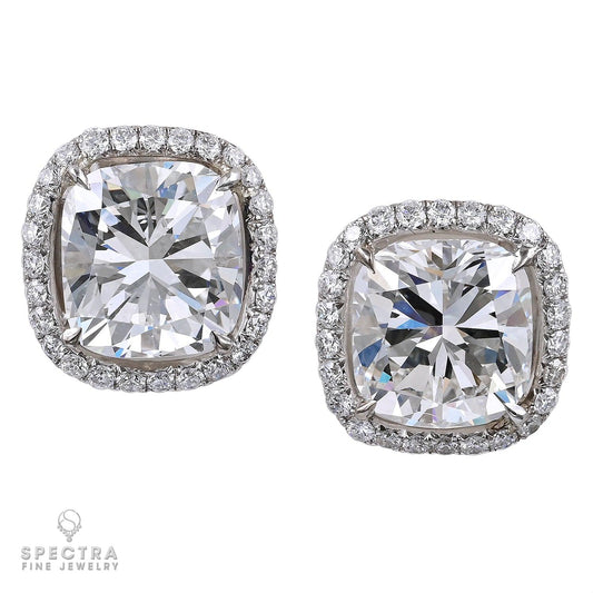 2.37ct & 2.33ct Cushion Diamond Halo Stud Earrings