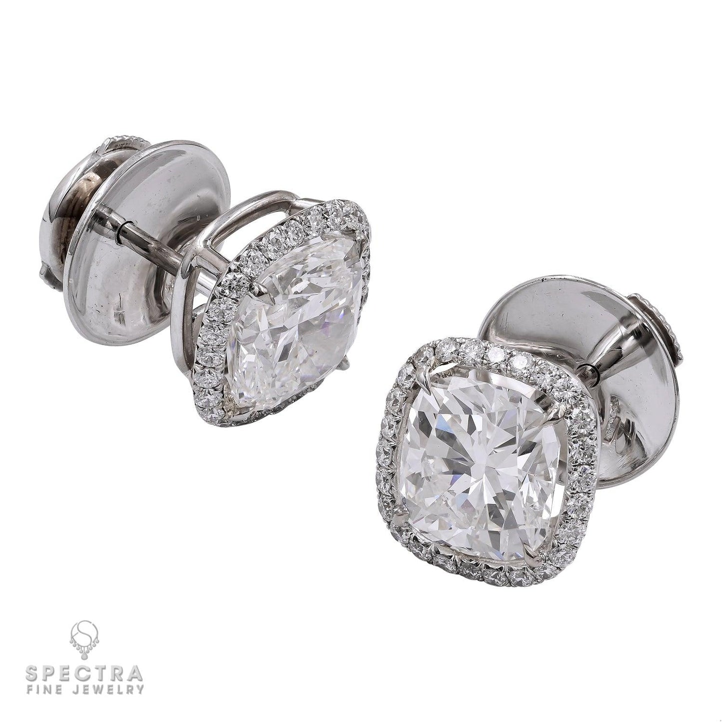 2.37ct & 2.33ct Cushion Diamond Halo Stud Earrings