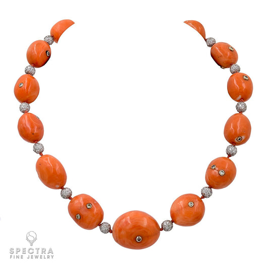 Coral Bead & Diamond Necklace with Graduated Spheres, 17" Length