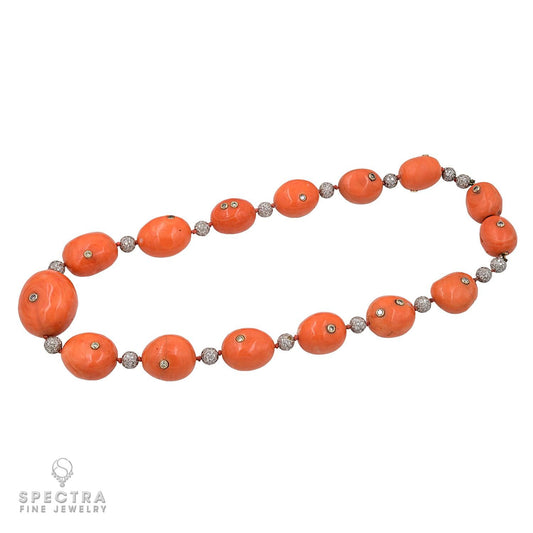 Coral Bead & Diamond Necklace with Graduated Spheres, 17" Length