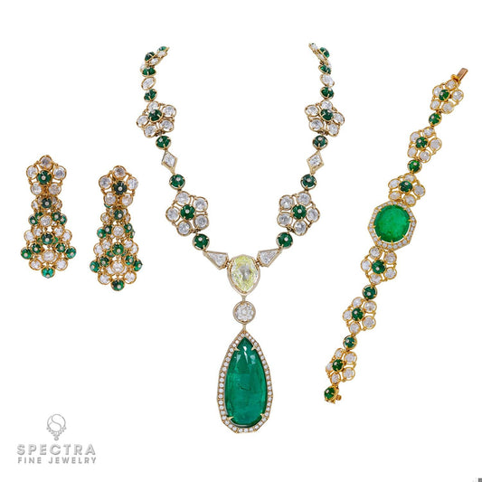 Alexandre Reza Vintage Diamond Emerald Parure Suite