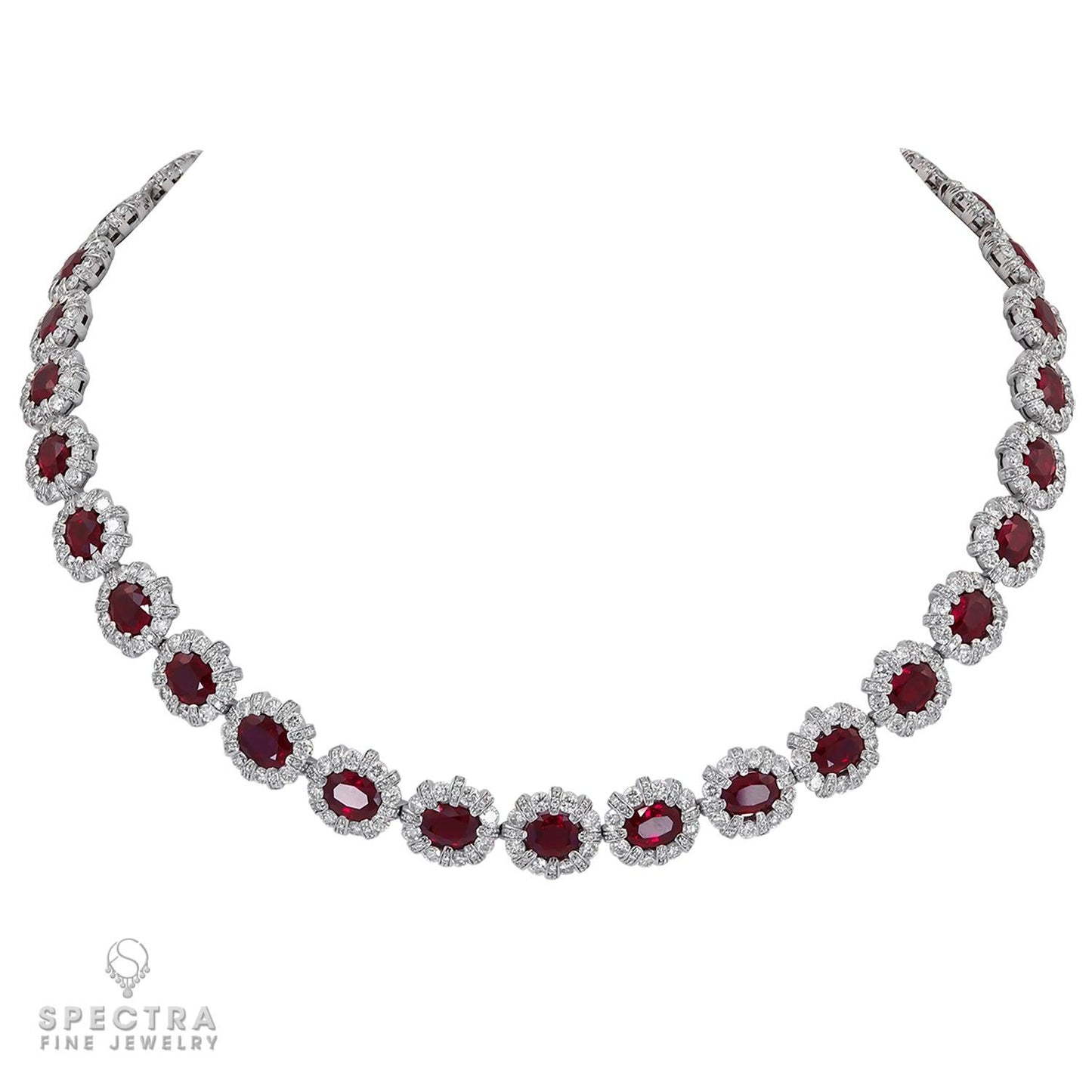 Contemporary Burmese Ruby Diamond Halo Riviere Necklace