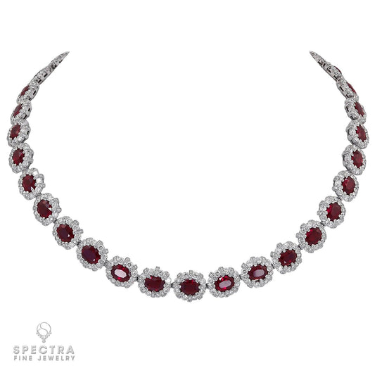 Contemporary Burmese Ruby Diamond Halo Riviere Necklace